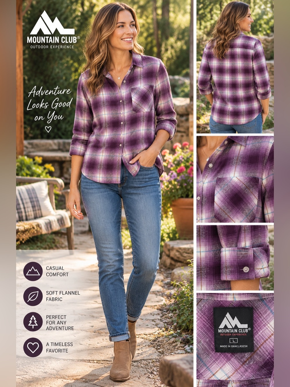 Mountain Club Women's Purple Plaid Button-Up Flannel Cotton Shirt